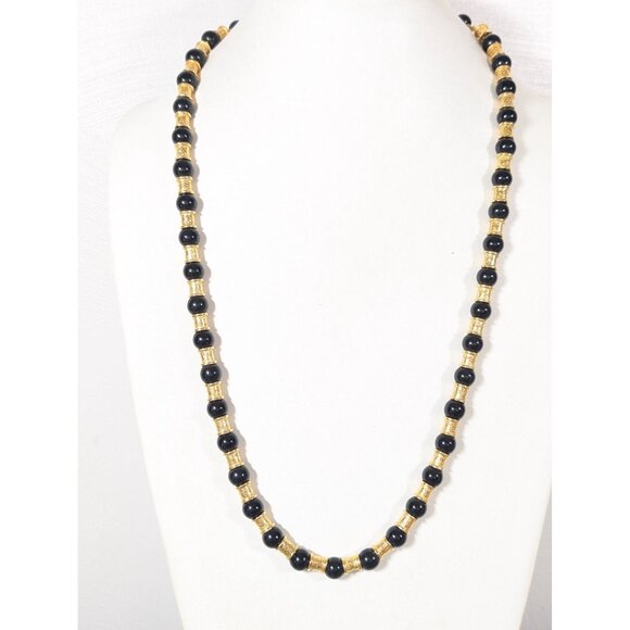 Vintage LCI Liz Claiborne Black BEad Textured Gold Tone Necklace 30" - Picture 1 of 8